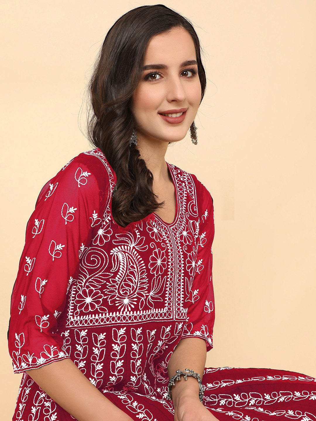 HERE&NOW Chikankari Embroidered Thread Work Georgette Anarkali Kurta 