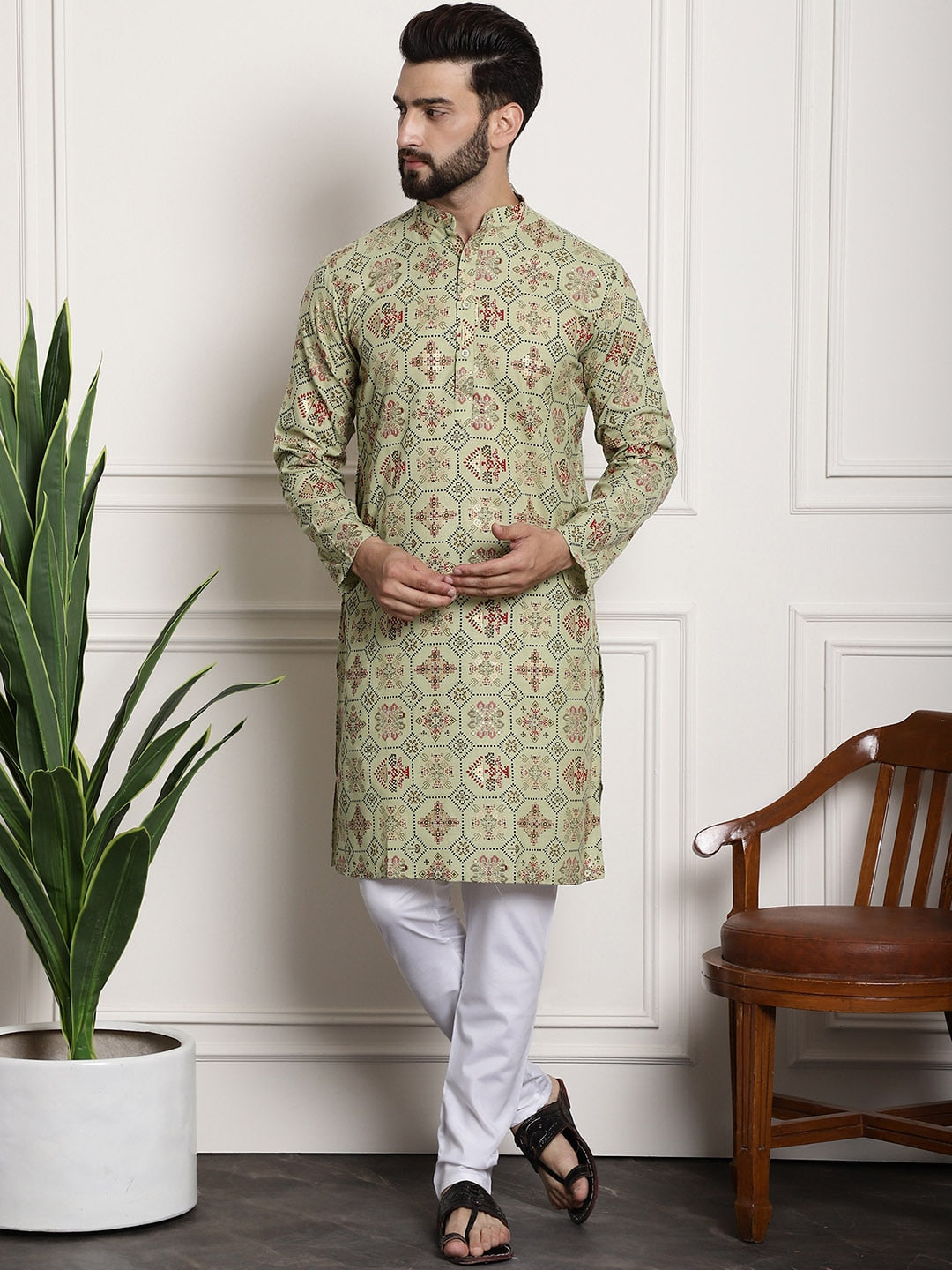 Sojanya Men Green Printed Cotton Linen Kurta with Churidar 