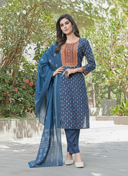 BulBul Aaliya Navy Cotton Kurta Set with Dupatta