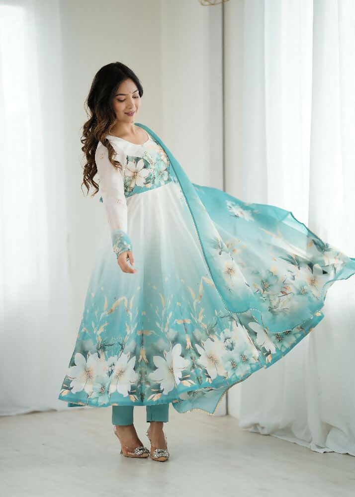 Joban Fashion Aqua Blue Kurta Set Organza Sequin Embroidery Work 