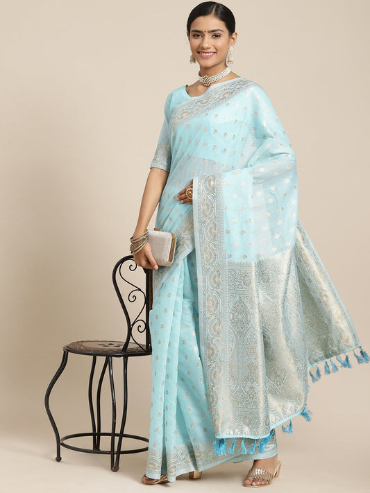 Saree Mall Blue & Silver-Toned Floral Zari Silk Cotton Sambalpuri Saree