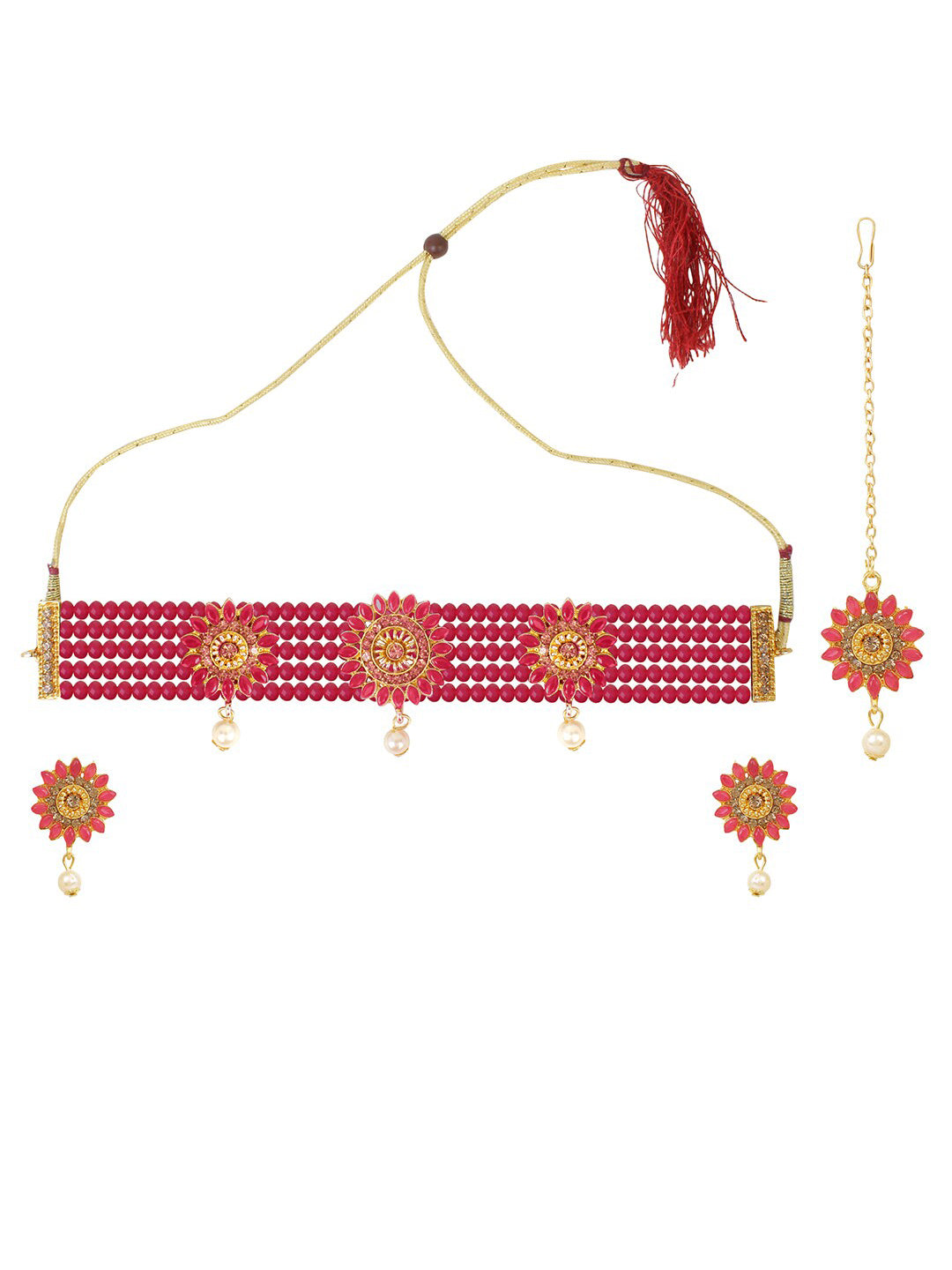 Cardinal Gold-Toned & Pink Onyx-Studded & Beaded Jewellery Set - Grab2buy