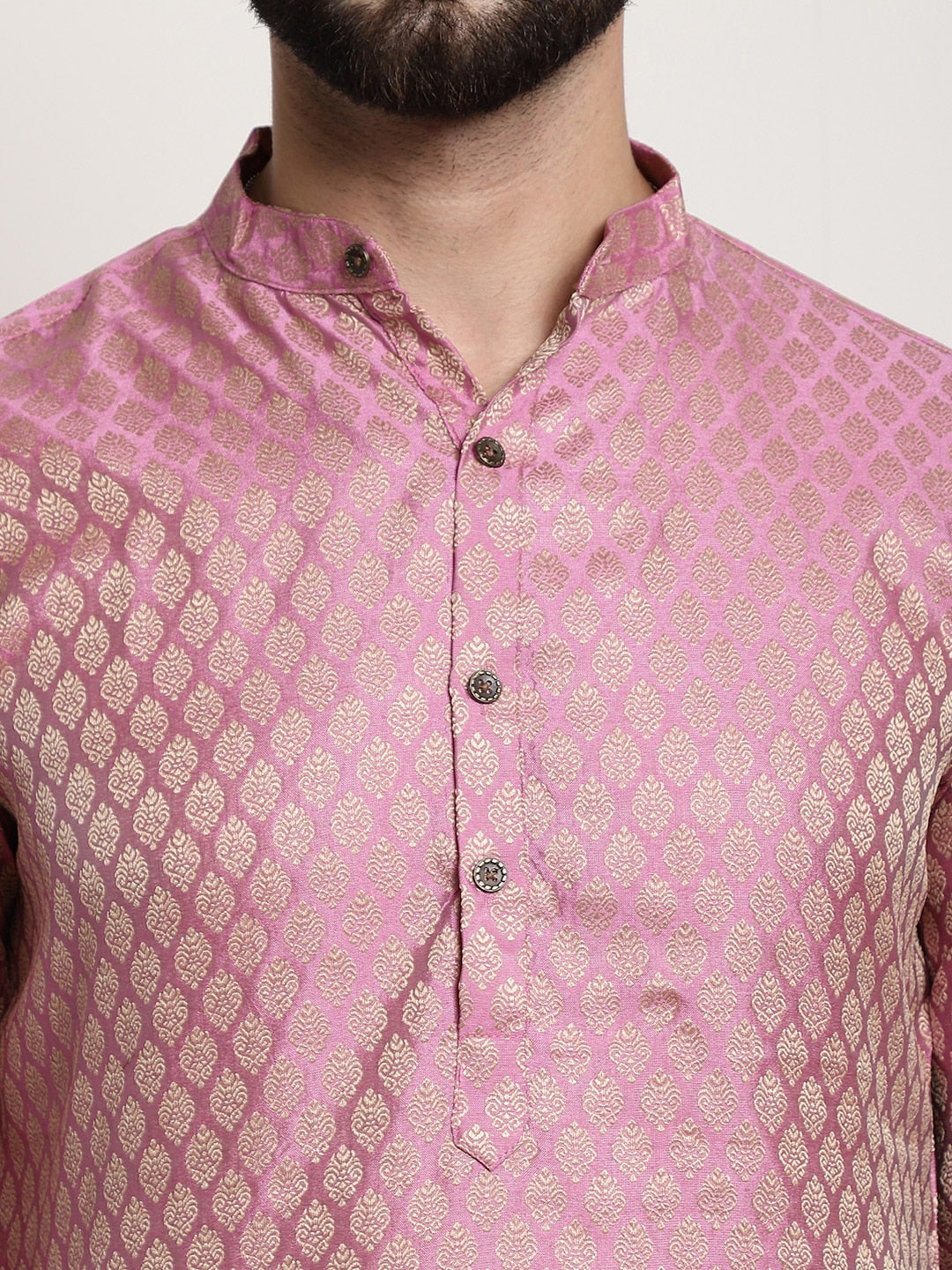 Sojanya Men Pink & Beige Ethnic Motifs Jacquard Woven Design Straight Kurta 