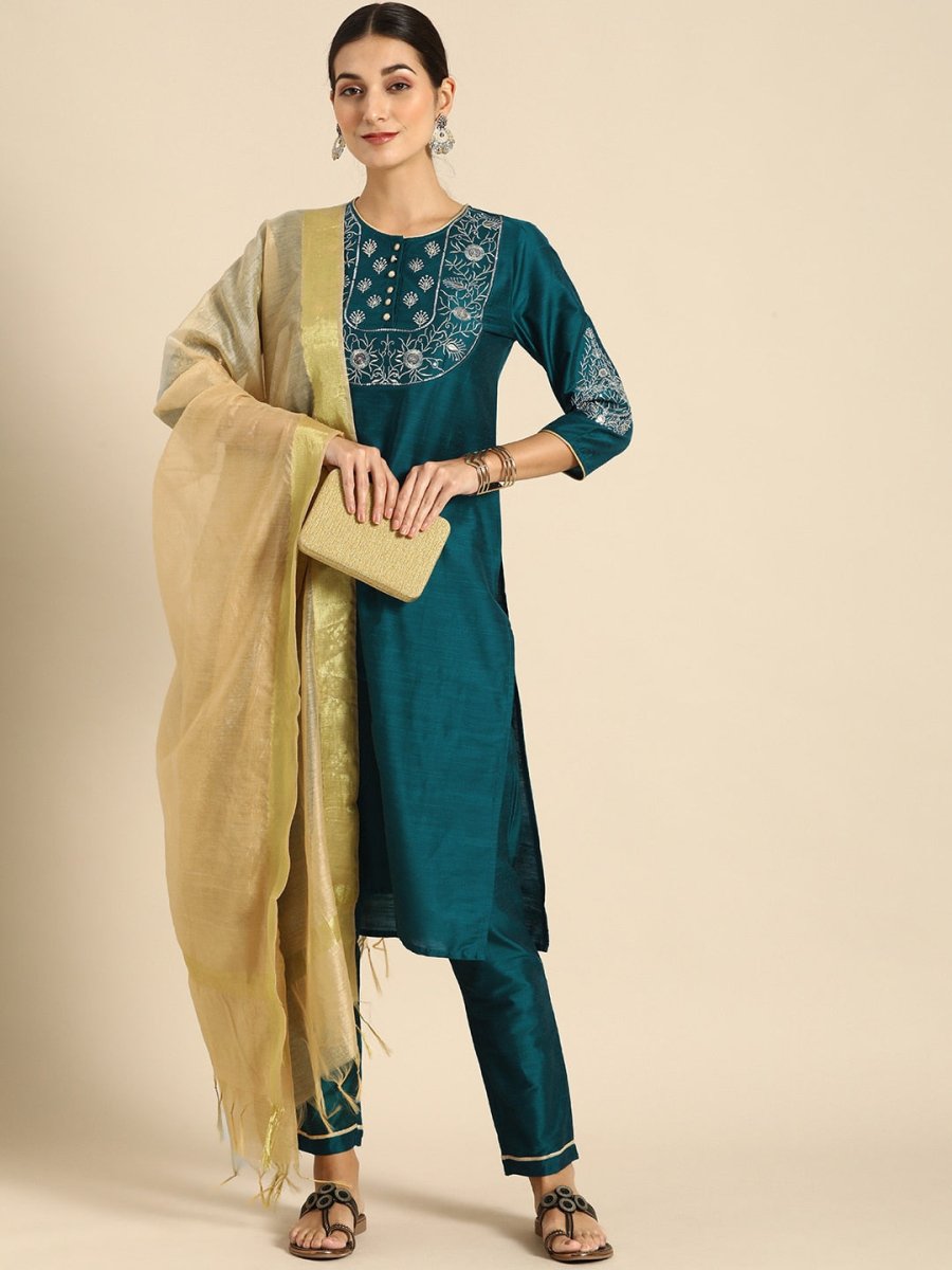 All About You Women Green & Gold-Toned Embroidered Sequinned Kurta with Trousers & Dupatta