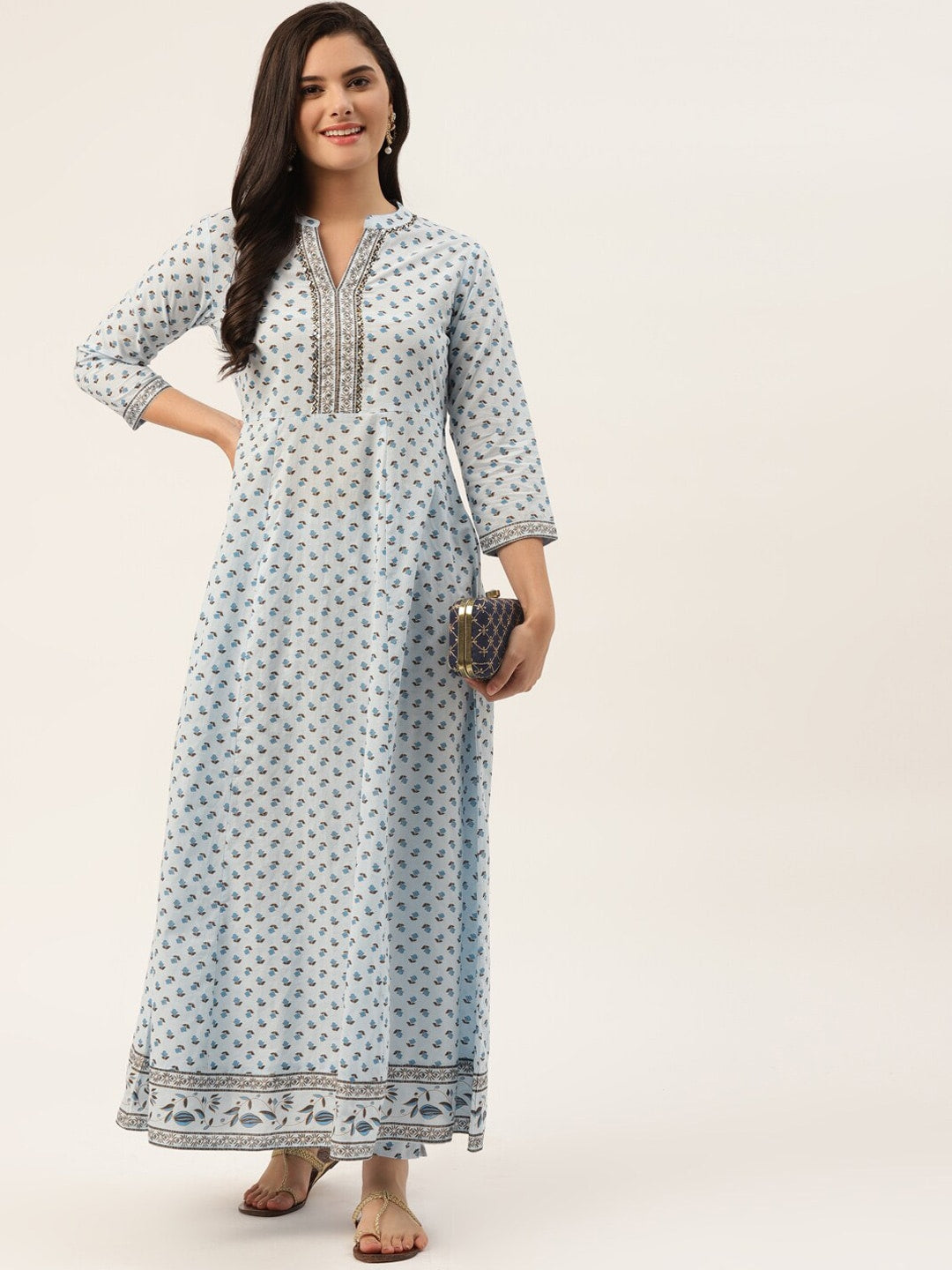 HERE&NOW Women Blue Floral Printed Pure Cotton Kurta with Trousers