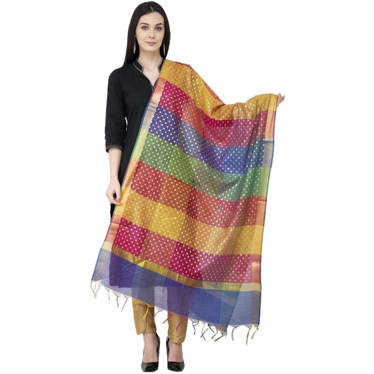 A R Silk Multi Box Gold Print Fancy Dupatta Multi Color Color Dupatta or Chunni 