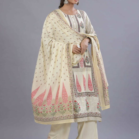Juniper Women Yellow Rayon Printed Kurta, Pants and Dupatta Set