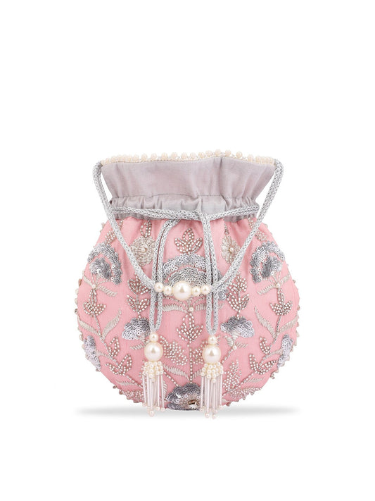 Masq Peach-Coloured & Grey Embroidered Potli Clutch - Grab2buy