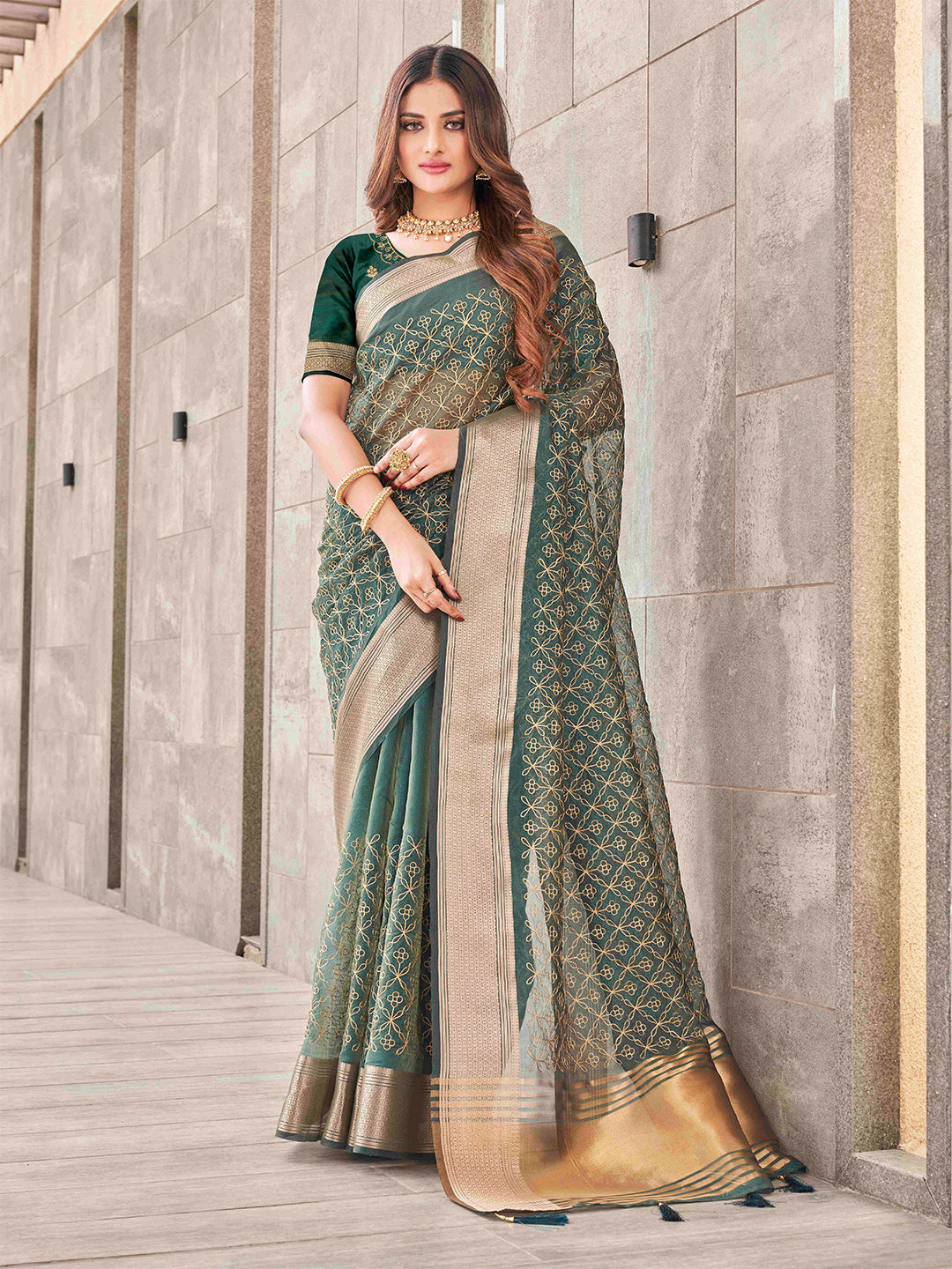 Tikhi Imli Olive Floral Embroidered Zari Organza Grab2Buy 