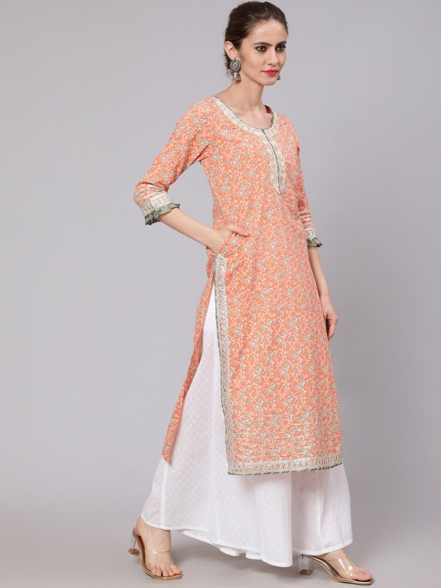 Aks Floral Printed Round Neck Cotton Straight Kurta