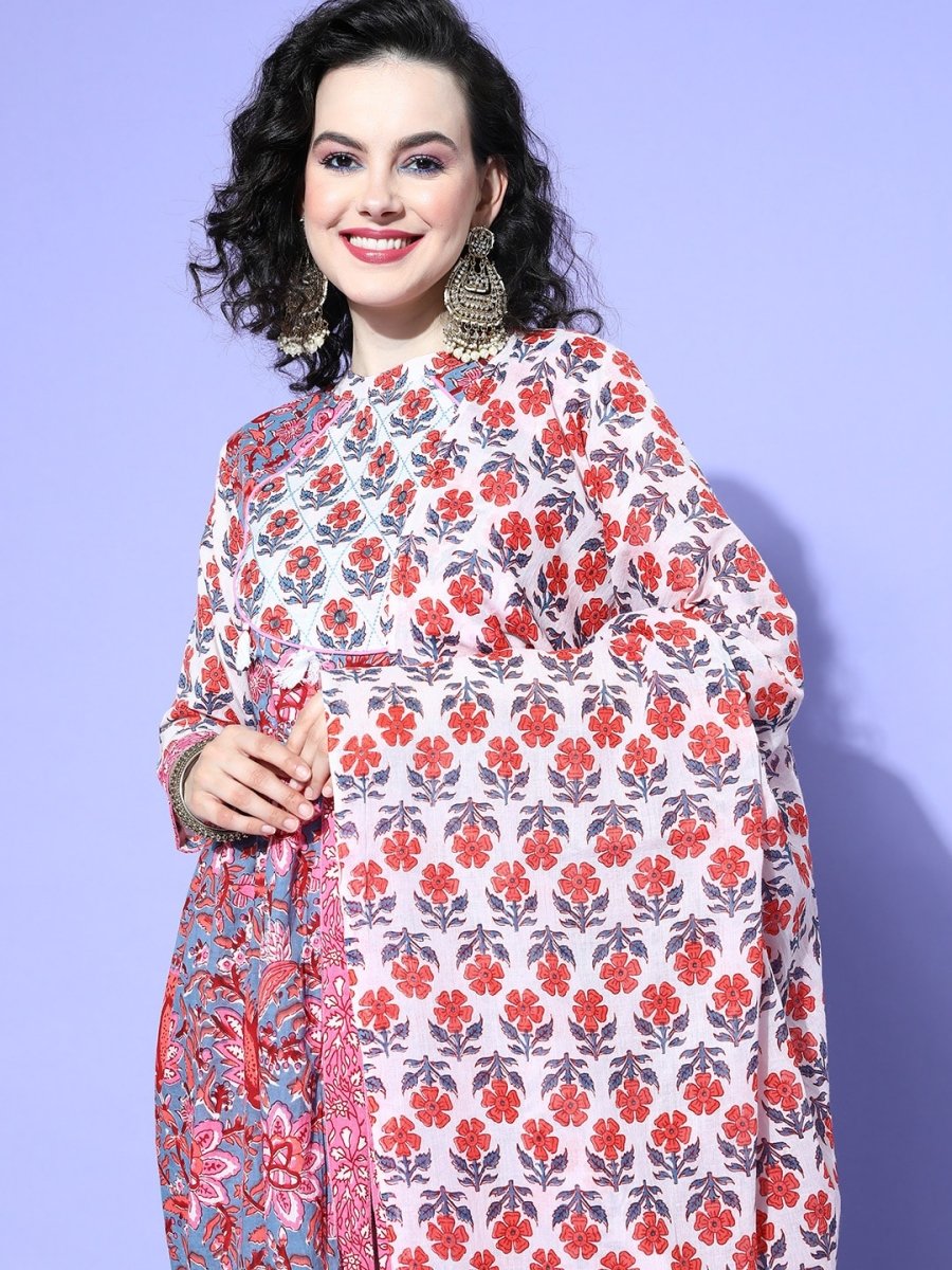 All About You Floral Printed Mirror Work Pure Cotton Kurta With Trousers & Dupatta
