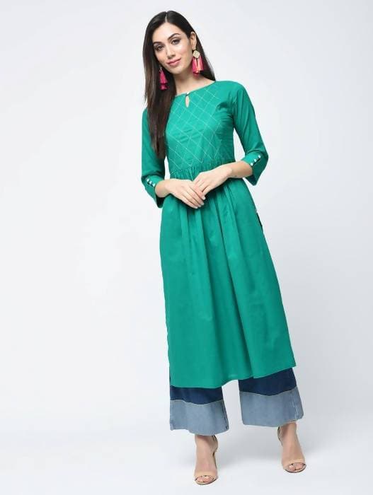 Aniyah Cotton Solid Flared Kurta With Key Hole Neck In Turquoise (AN-104K) | Grab2Buy