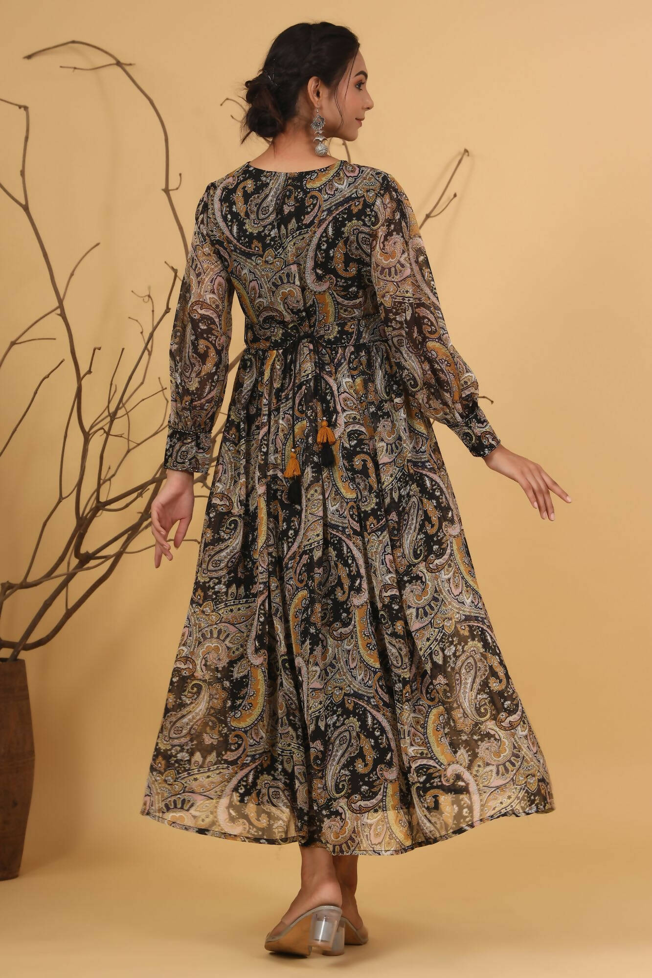 Juniper Women Black Chiffon Printed Flared Dress 