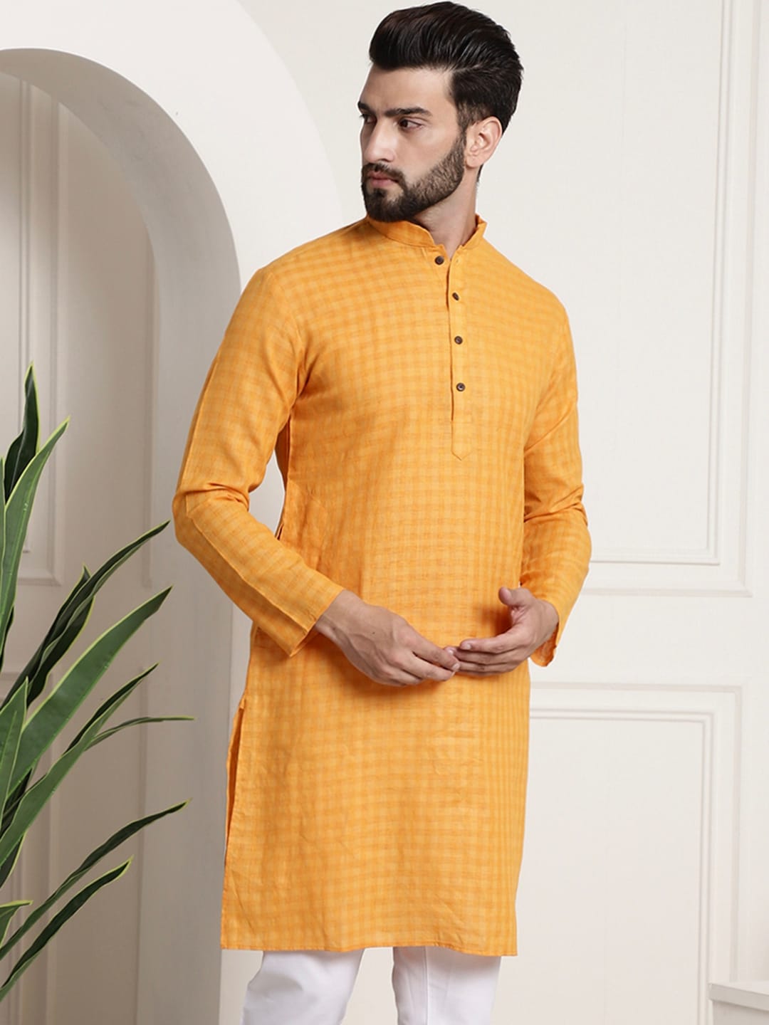 Sojanya Men Mustard Yellow Dobby Self-Checked Straight Kurta 