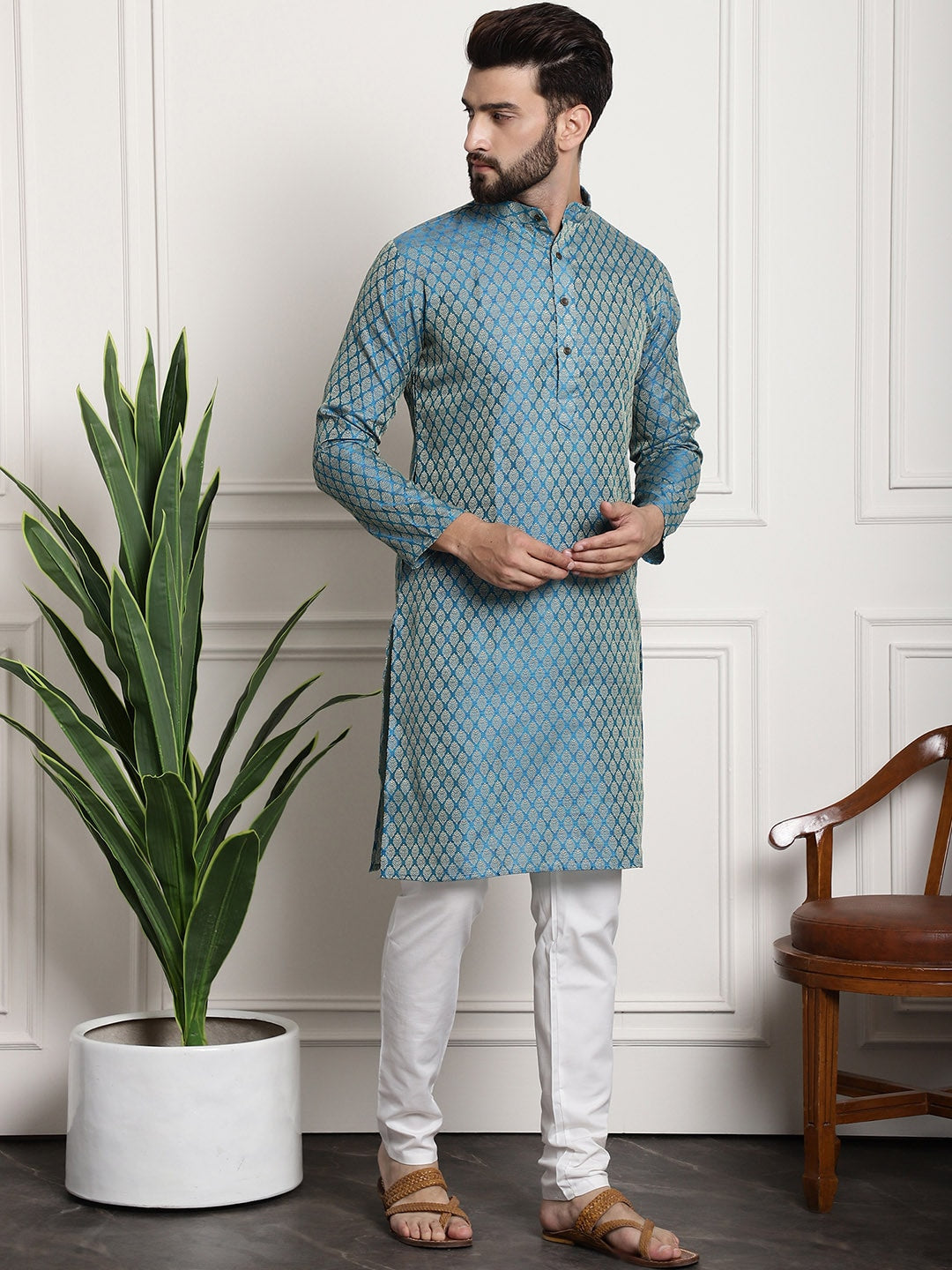 Sojanya Men Blue & Off-White Woven Design Kurta with Churidar 