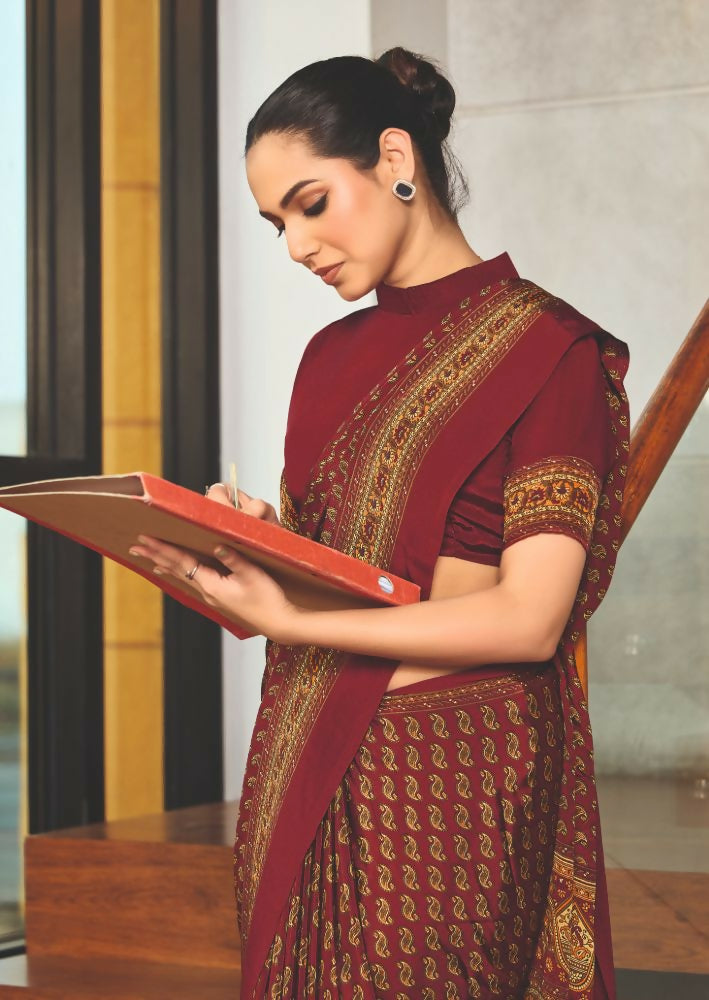 Joban Fashion Red Crepe Silk with Traditional Print Saree