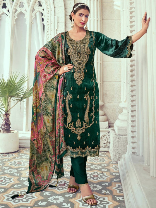 Aastha Fashion Women's Green Velvet Cording with Digital Printed Kurta with Trouser & Dupatta - Grab2buy