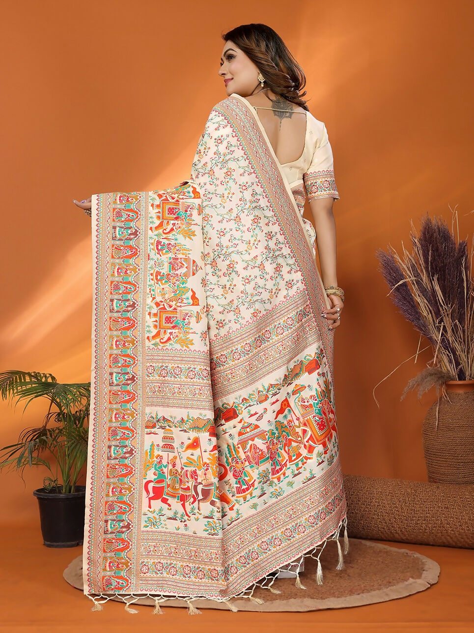 Joban Fashion Off White Meena Weaves Pashmina Sarees