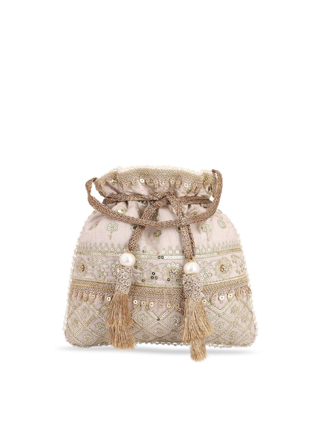 Masq Women Beige & Gold-Toned Embellished Potli - Grab2buy