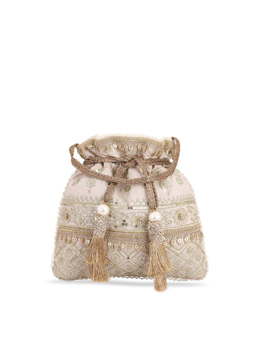 Masq Women Beige & Gold-Toned Embellished Potli - Grab2buy