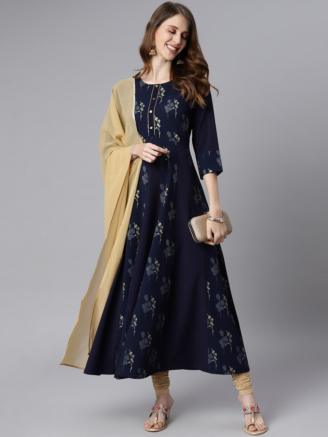 Janasya Women Navy Blue Floral Printed Crepe Anarkali Kurta with Dupatta