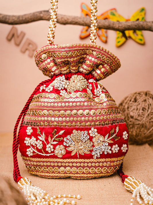 NR By Nidhi Rathi Maroon & Gold-Toned Persia Embroidered Potli Clutch - Grab2buy