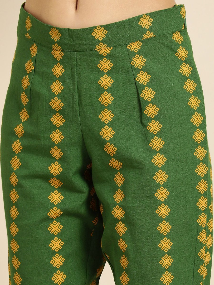 All About You Women Mustard Yellow Ethnic Motifs Printed Kurta with Green Printed Trousers