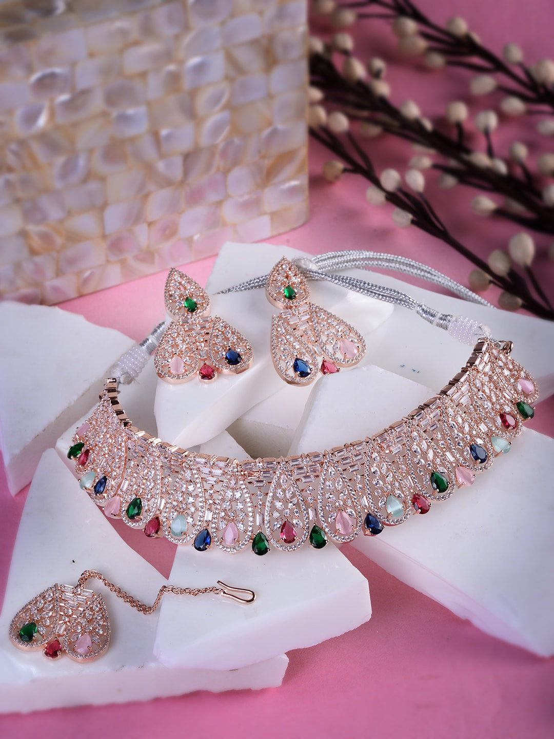 Saraf RS Jewellery Rose Gold-Plated White & Green AD-Studded Jewellery Set - Grab2buy