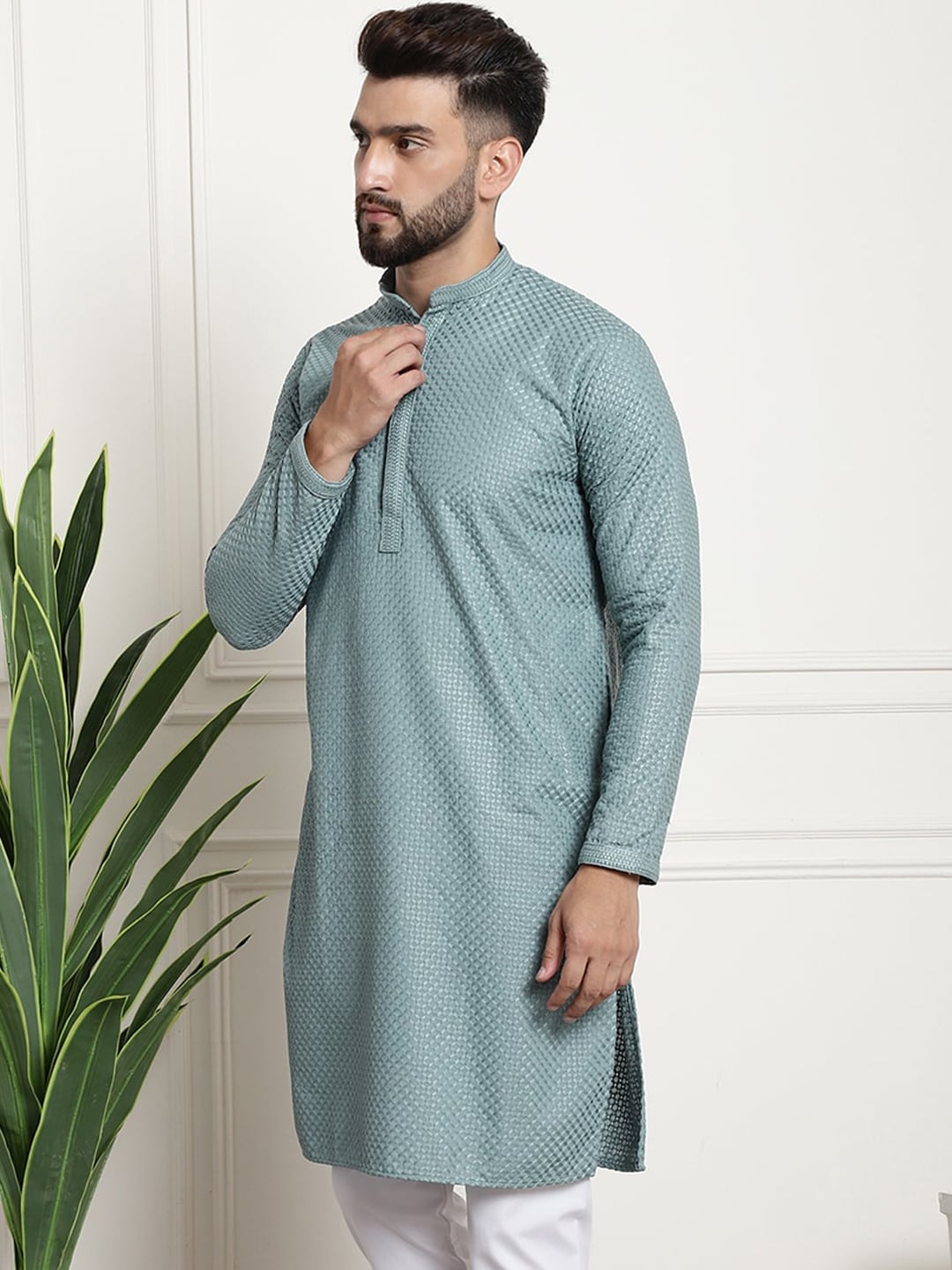 Sojanya Woven Design Mandarin Collar Straight Cotton Kurta 