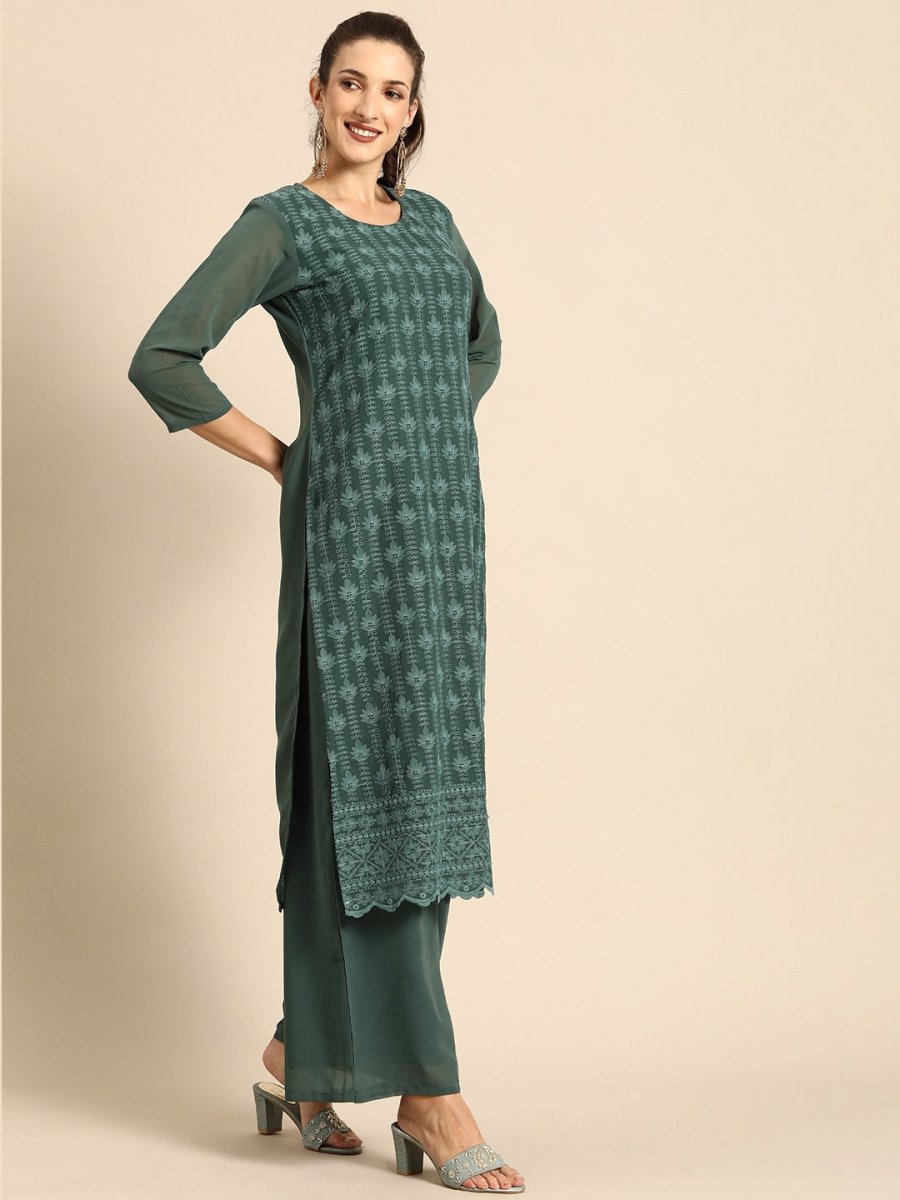All About You Women Green Ethnic Motifs Embroidered Regular Chikankari Kurta with Palazzos 