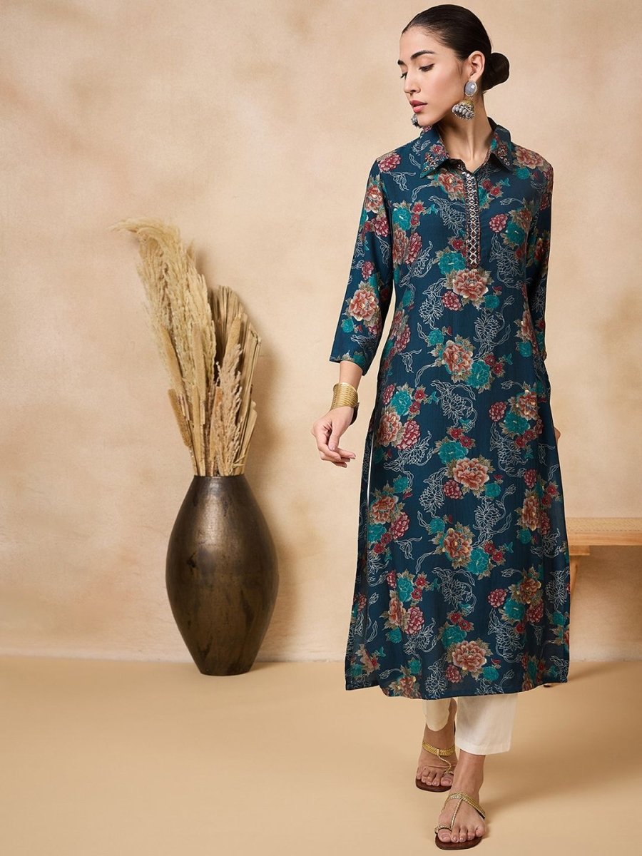 Anouk Floral Printed Mirror Work Straight Kurta | Grab2Buy