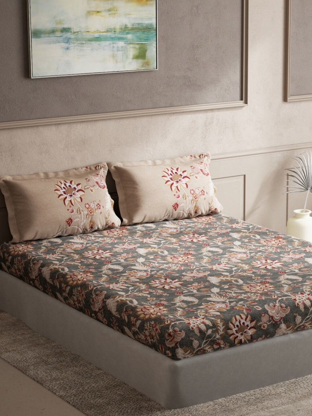 DDecor Grey & Maroon Ethnic Motifs 140 TC Cotton Queen Bedsheet with 2 Pillow Covers 