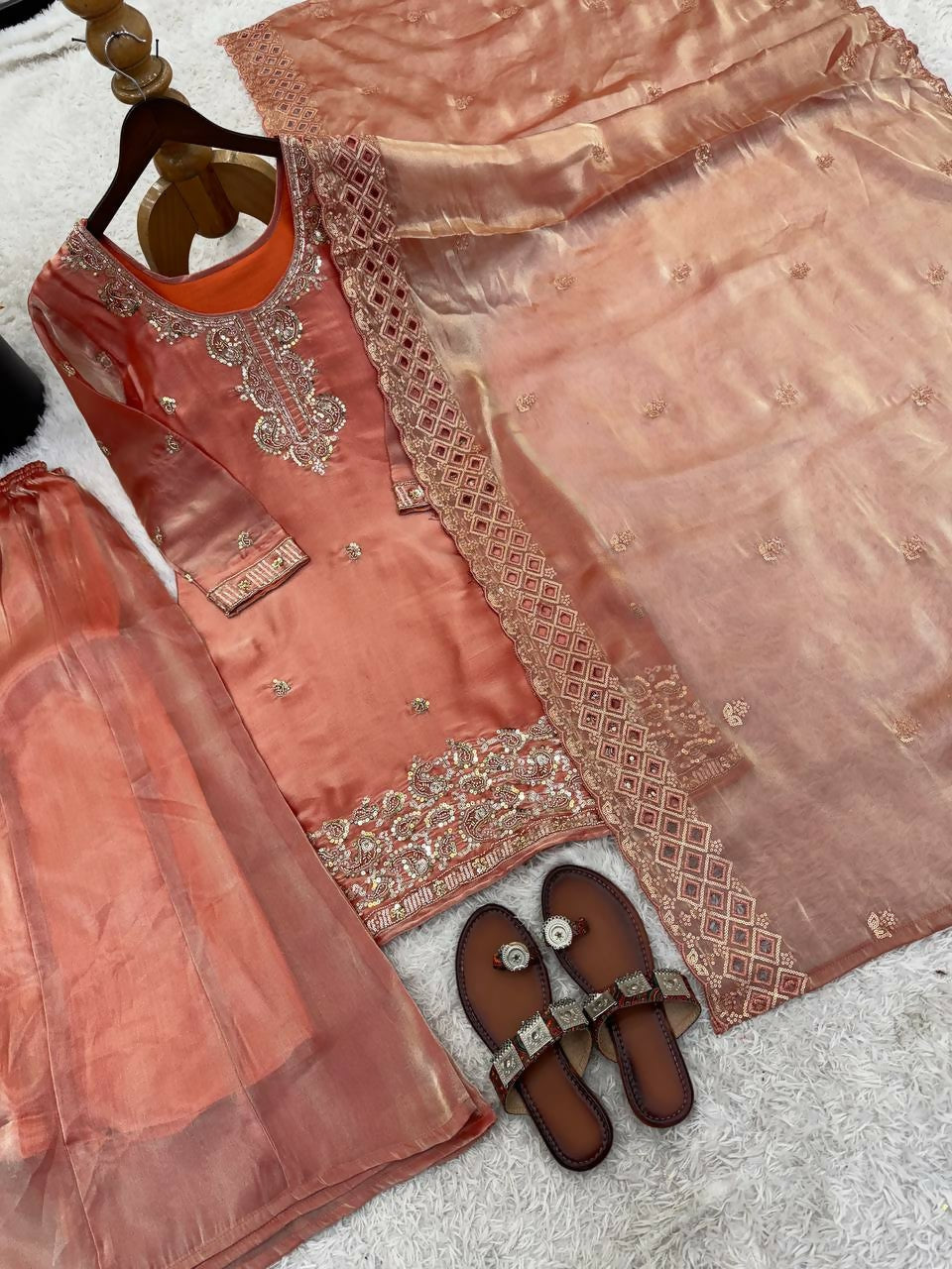 Teeya Creation Womens New Trendy Stylish Embroidery Beads Work Palazzo Kurta Set -Peach