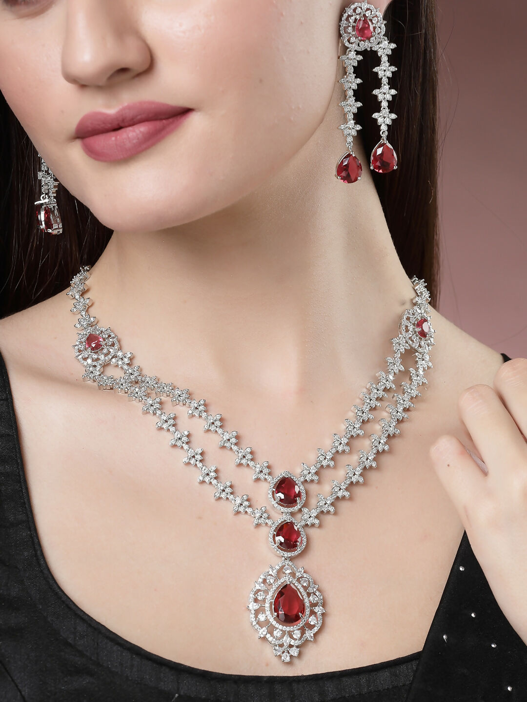 NVR Women's Silver-Plated Red CZ-Studded Handcrafted Jewellery Set - Grab2buy