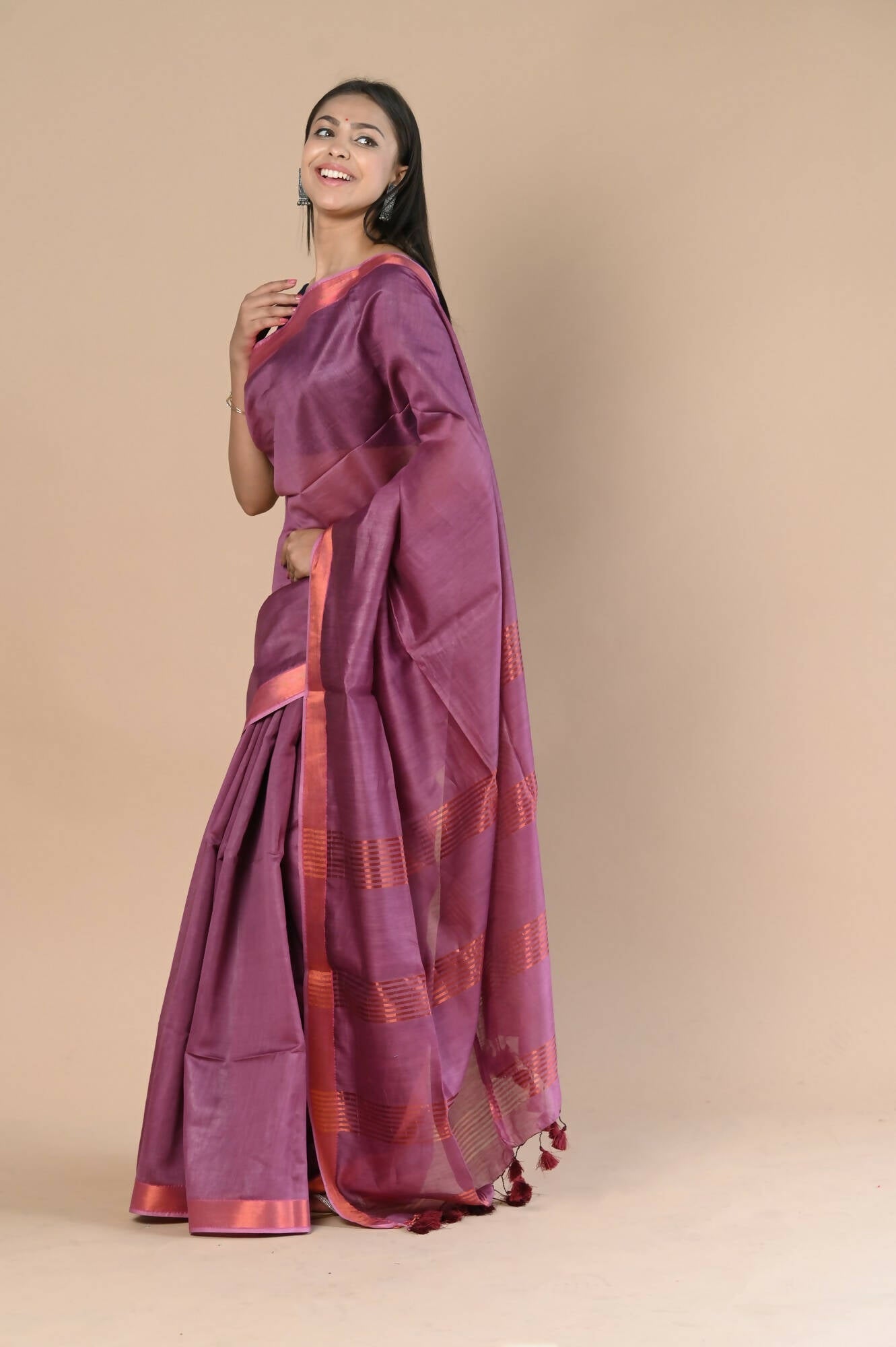 Very Much Indian Handloom Cotton Silk Maheshwari Grab2Buy With Sleek Golden Border - Maroon 