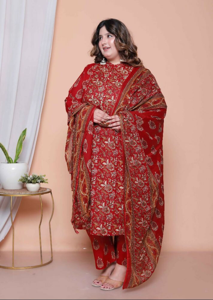 Miravan Women Floral Print Cotton Maroon Stitched Kurta Palazzo With Dupatta Set