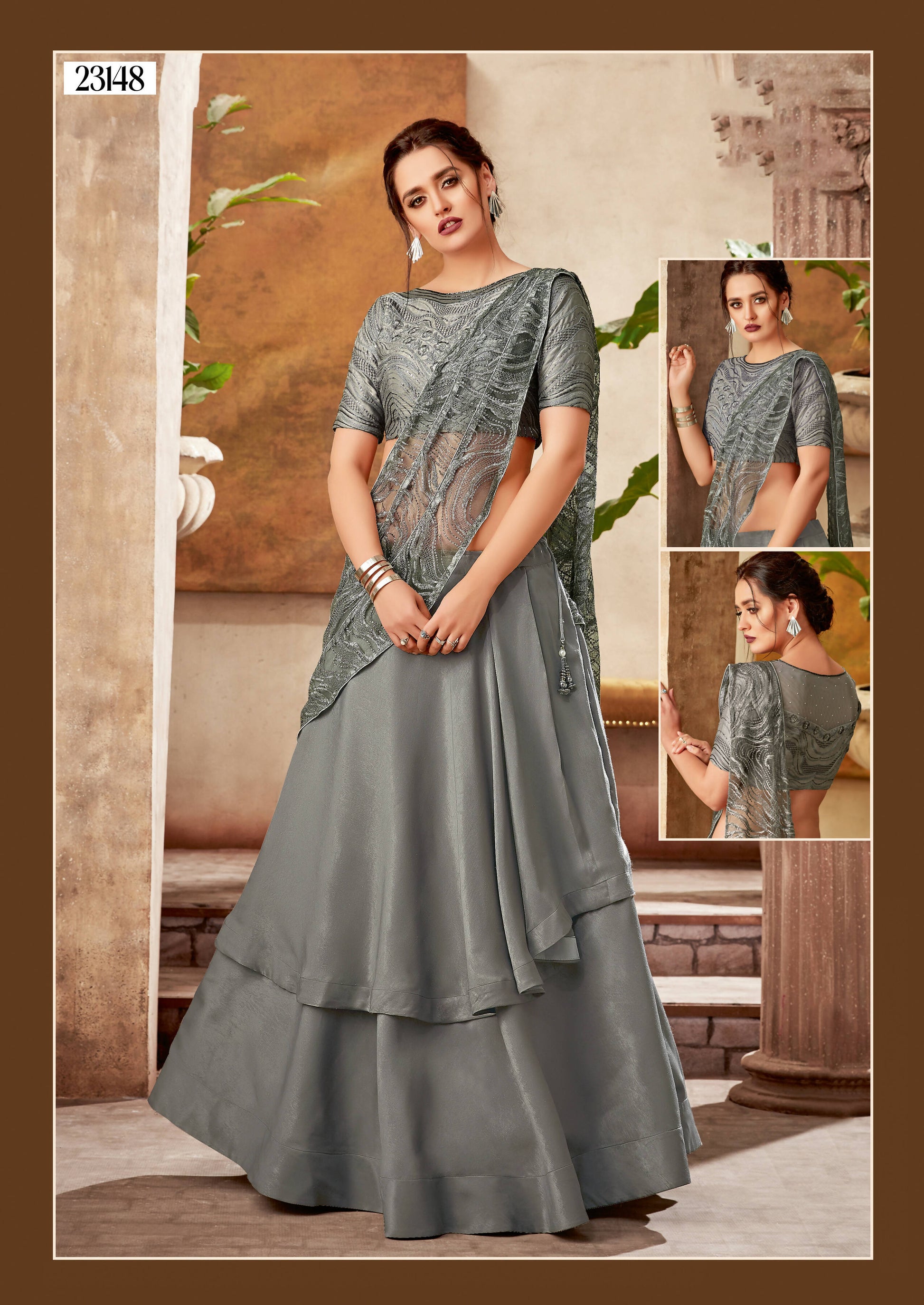 Grey Fancy Velvet Thread, Cord And Sequins Embroidery Semi-Stitched Lehenga Saree - Mohmanthan Dezzy