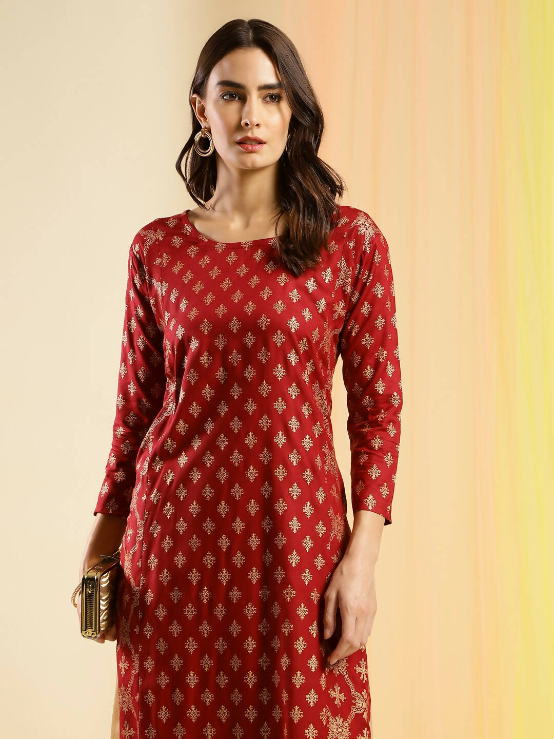 Maroon & Gold-Toned Viscose Rayon Ethnic Motifs Printed Kurta - Mamta
