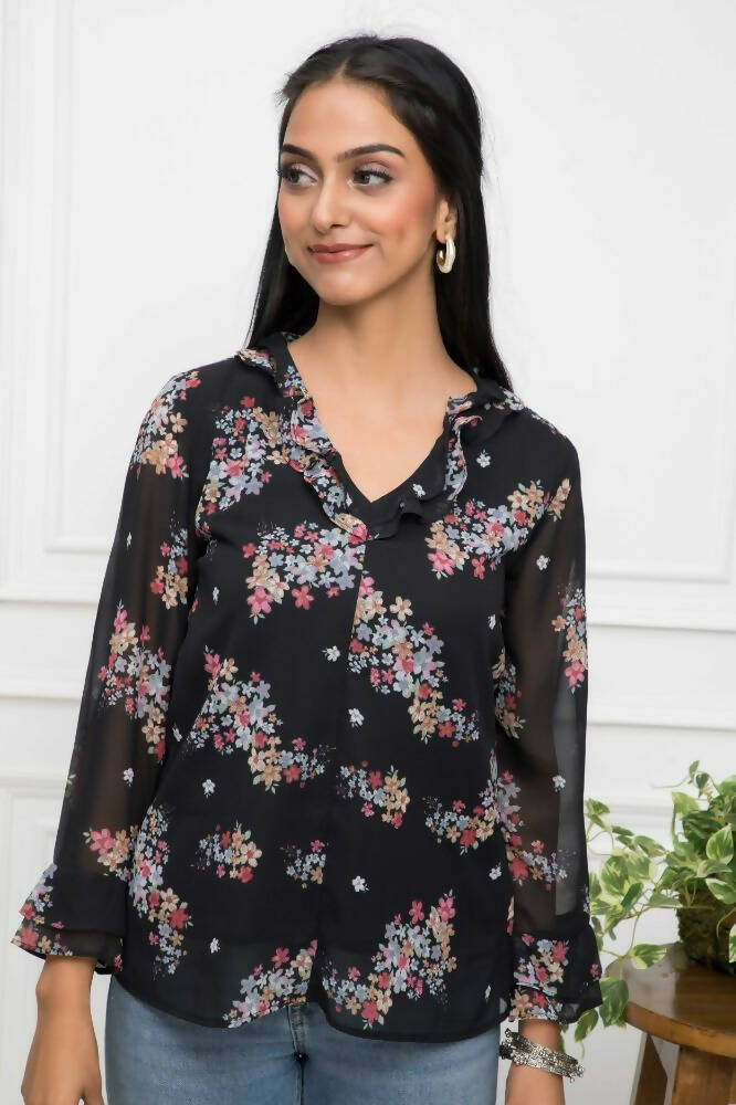 Myshka Women Black Floral V-Neck Regular Sleeves Synthetic Georgette Top