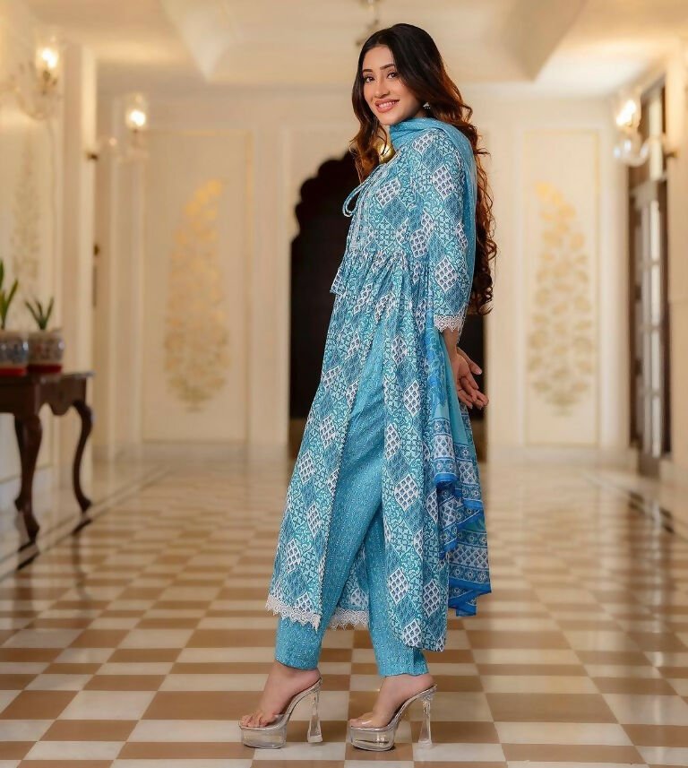 Alvano Women's Aliya Cut Kurti with Pant and Dupatta set Cotton Printed (Blue)