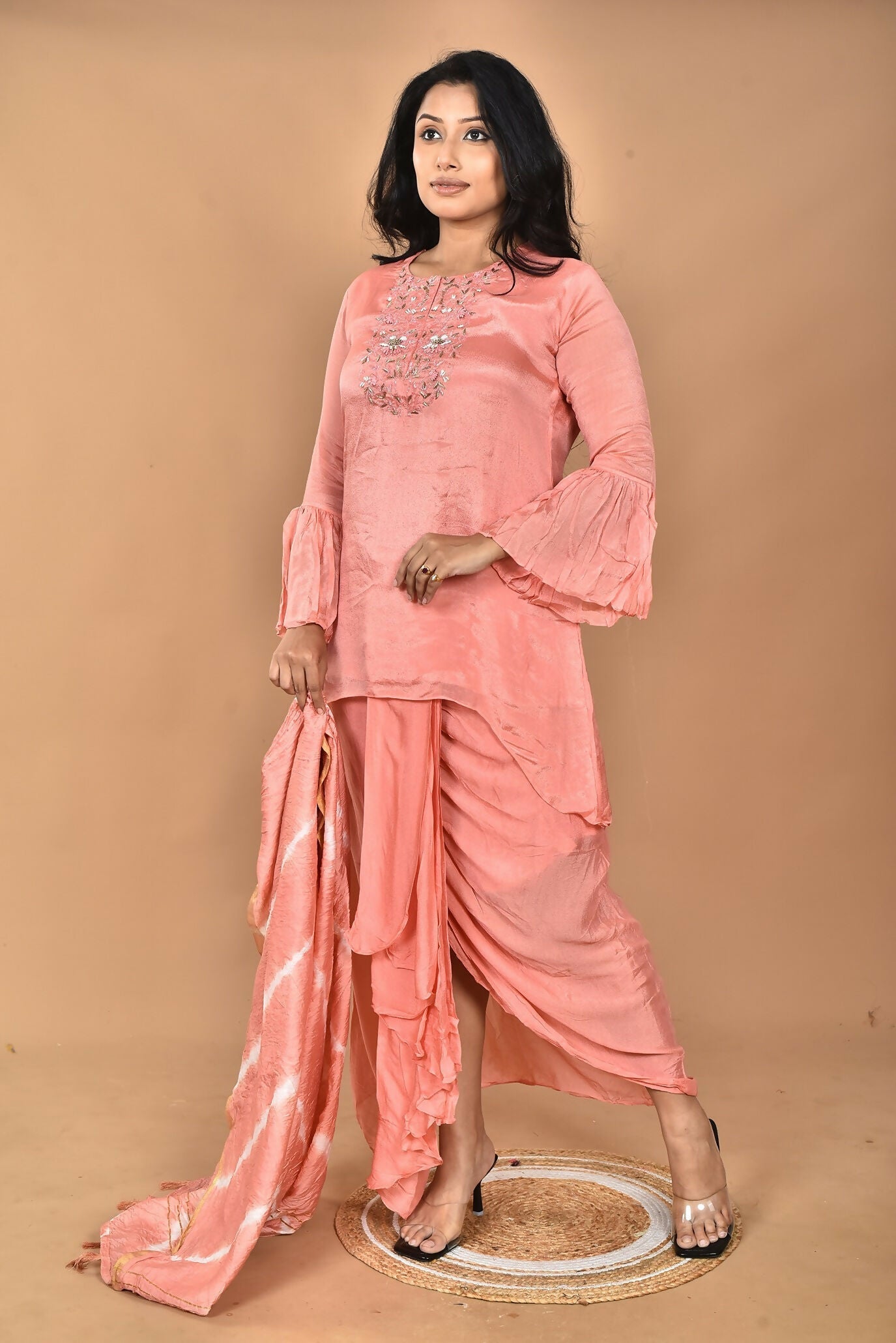 Morchari Women And Hand Embroidery Palazzo Set-Peach 