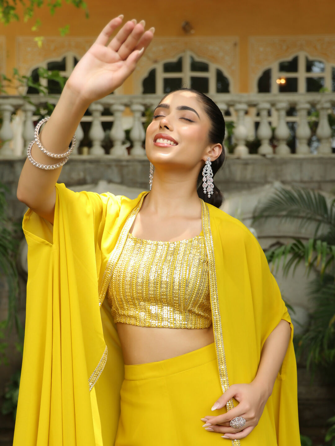 Janasya Yellow Georgette Sequined Top Bottom Cape 