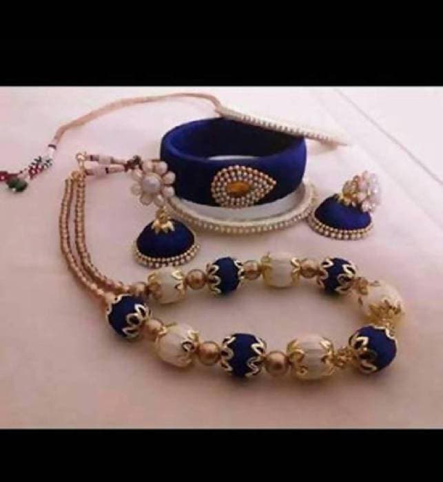 White and Blue Color Silk Threaded Necklace Set , Earrings And Bangles Set Of 2 