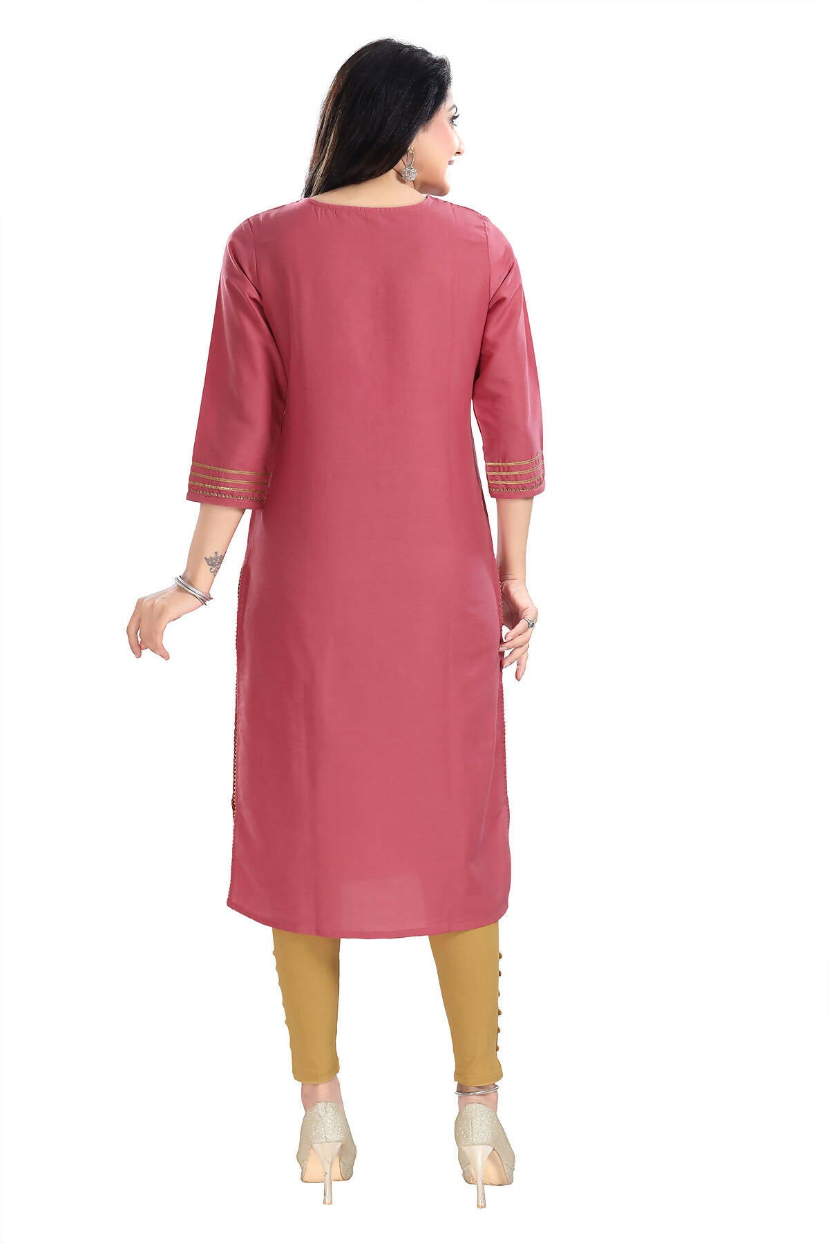 Snehal Creations Gorgeous Coral Art Silk Designer Long Kurti Tunic With Sequines Embroidery