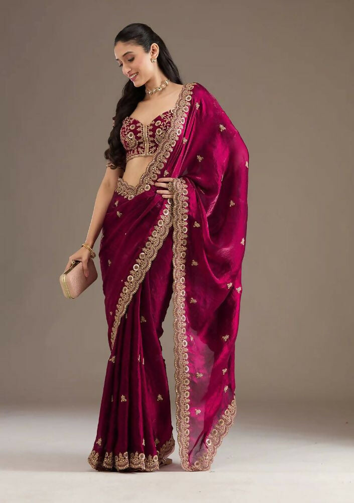 Joban Fashion Red Frendy Satin Silk Party Wear Sarees