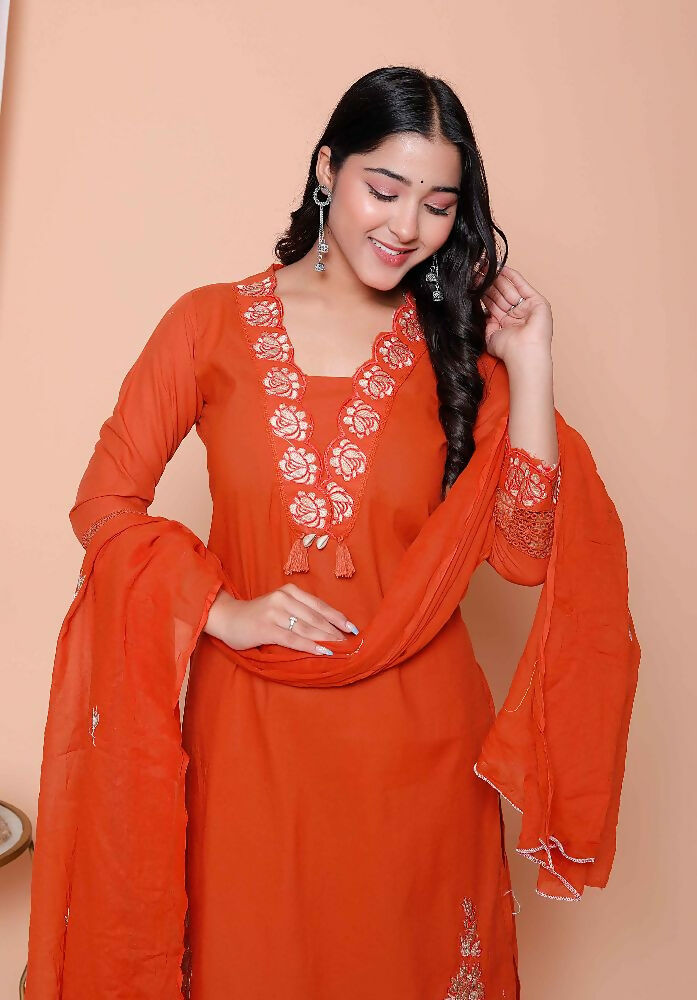 Miravan Womens Embroidered Cotton Kurta With Palazzo & Dupatta Set