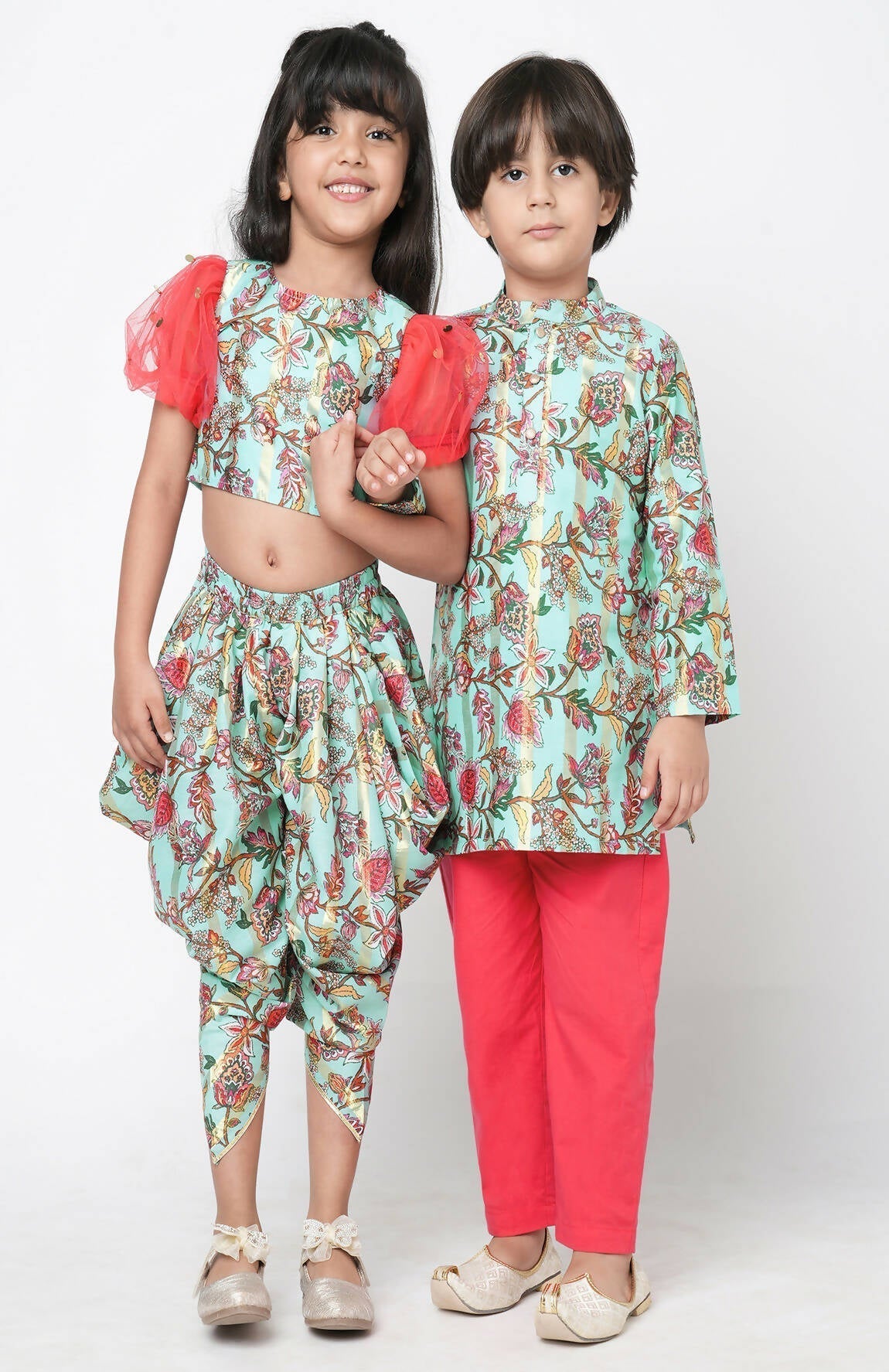 Lil Drama Golden Weaves Blue Crop Top With Dhoti Co-Ordinate Set 
