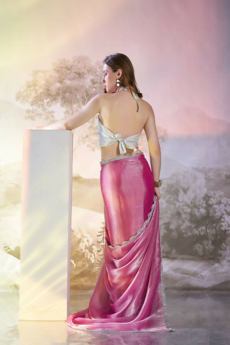 Pink Burberry Organza Solid Fancy Designer Saree - Nafisa