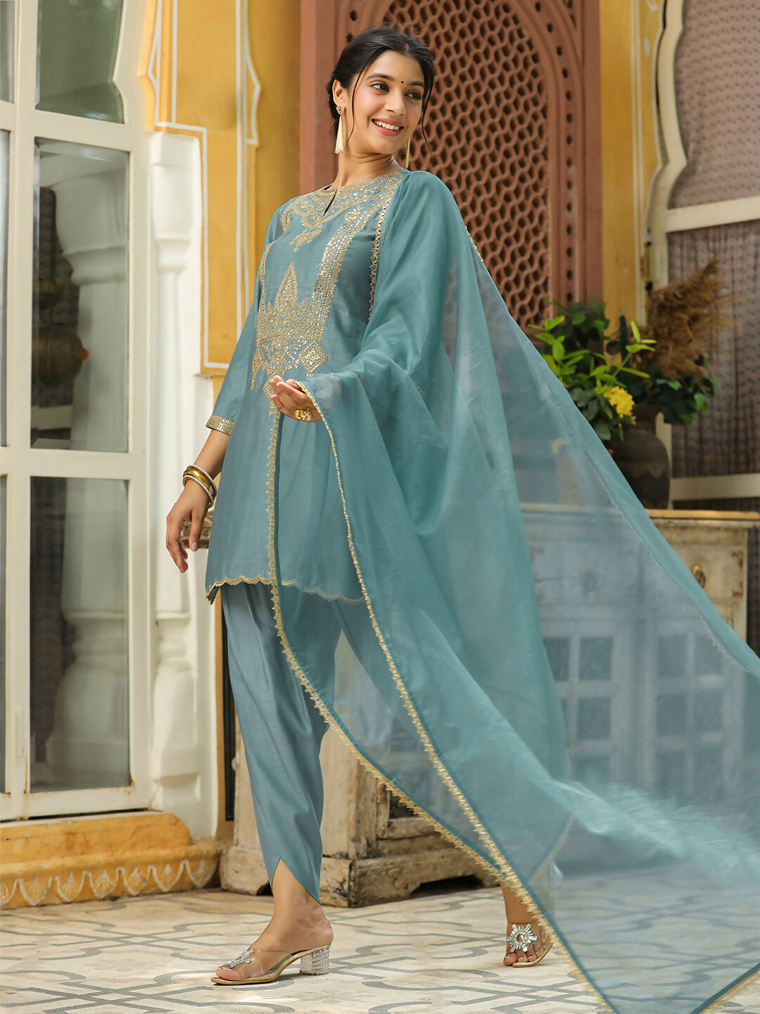 Janasya Light Blue Silk Blend Solid Kurta,Bottom & Dupatta 