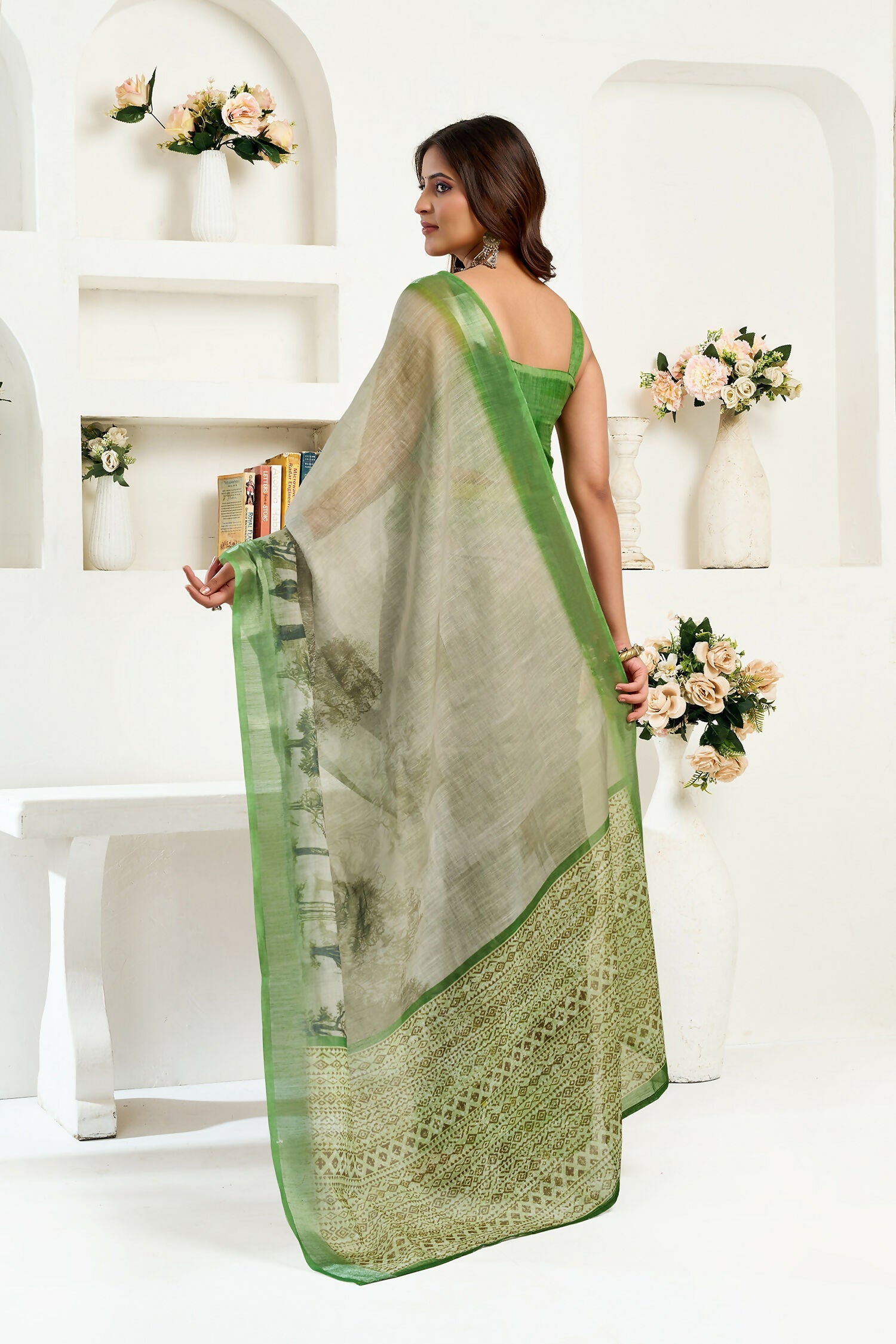 Joban Fashion Green Floral & Ethnic Motifs Linen Ready To Wear Saree With Unstitched Blouse